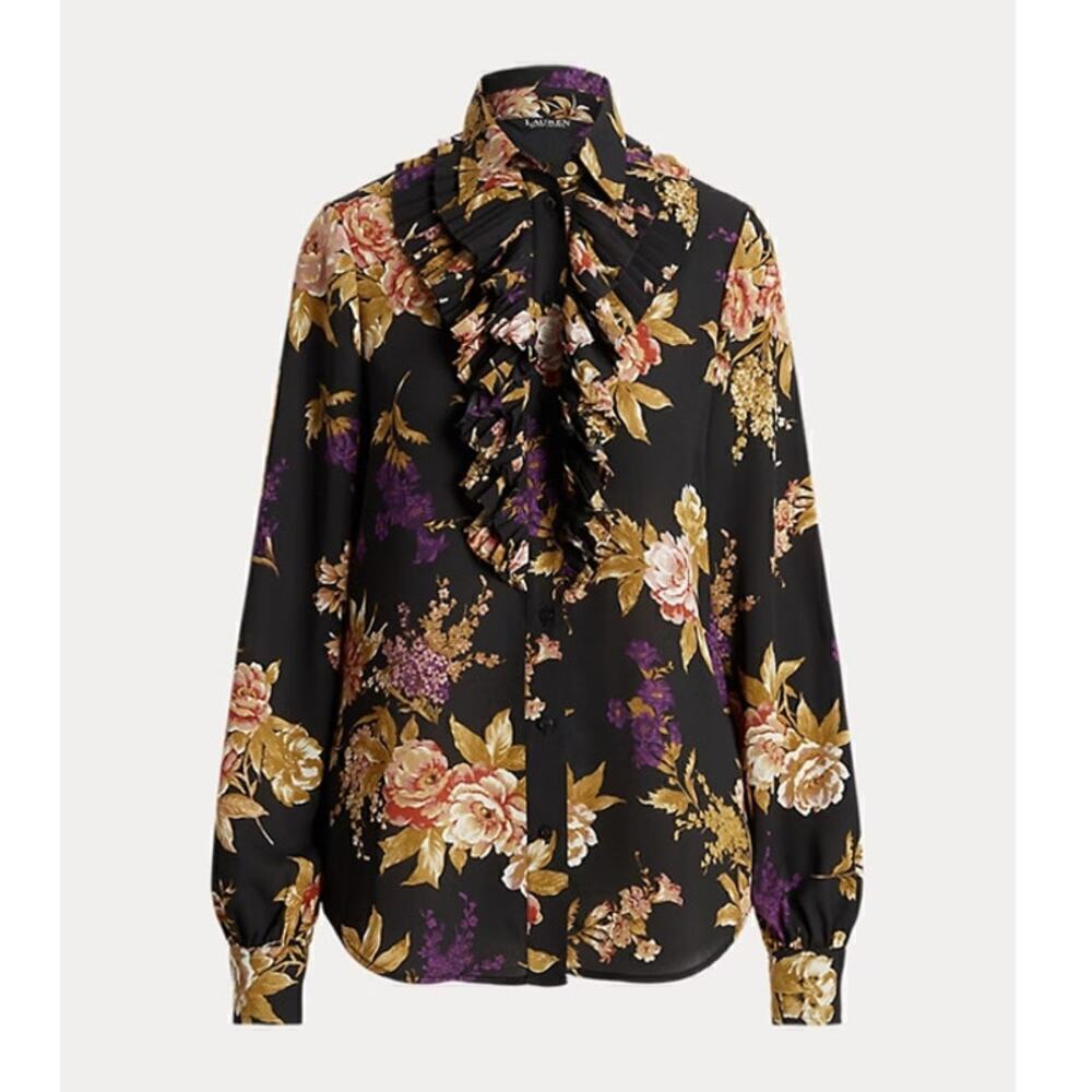 NEW Lauren Ralph Lauren Womens Sz 6 Floral Ruffle-Trim Georgette Shirt Black - Picture 2 of 12